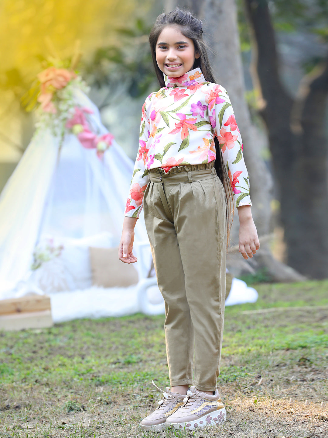 Cutiekins Mandarin Collar Foral Printed Regular Top & Trousers Set -Baige & Khaki