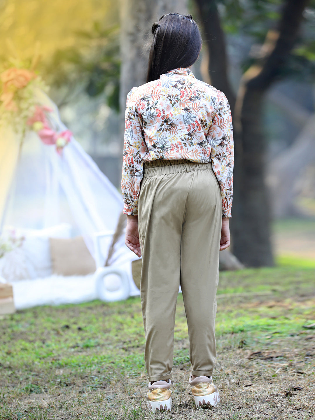 Cutiekins Collar Neck Foral Printed Regular Top & Trousers Set -Baige & Khaki