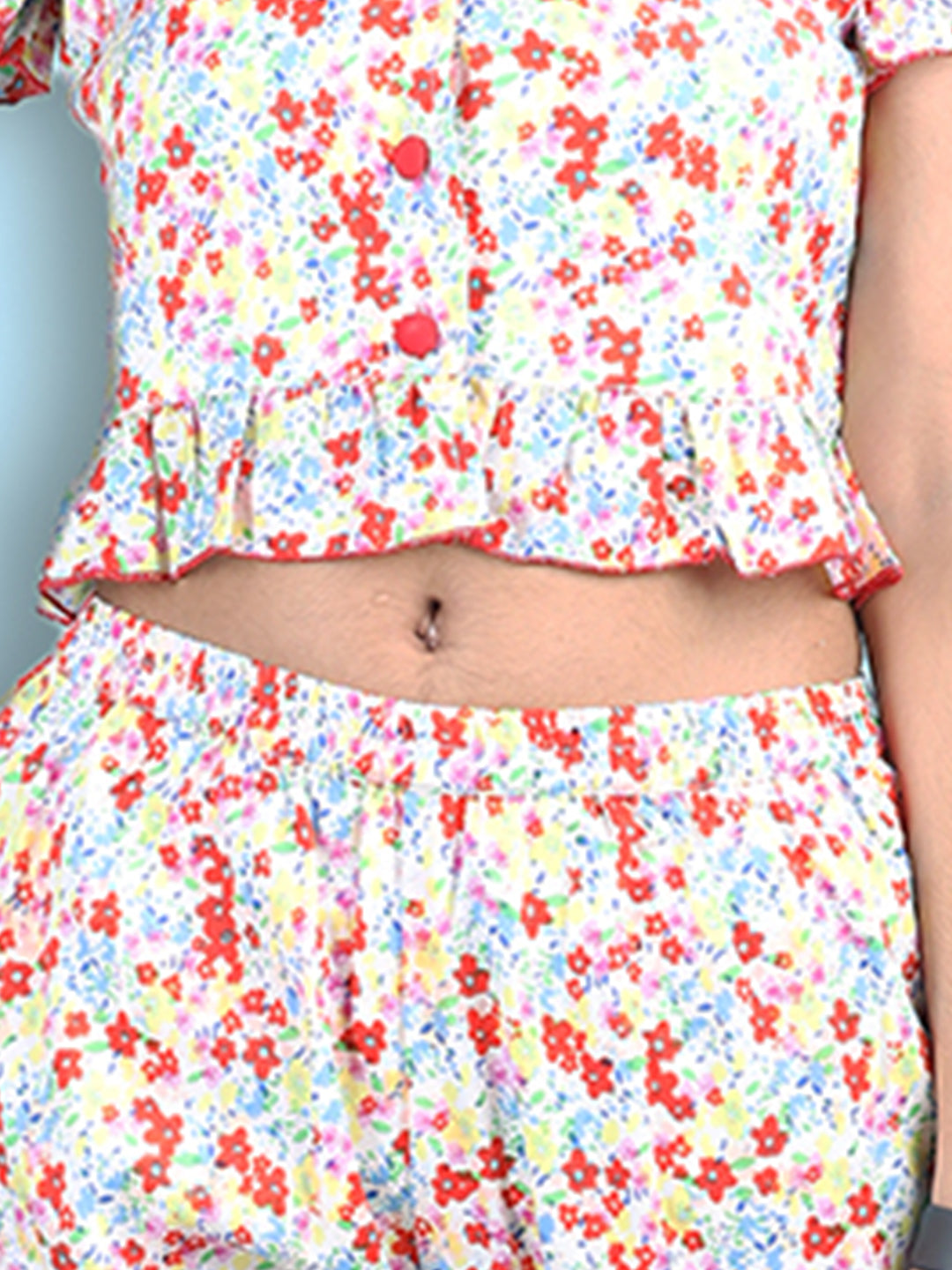 Cutiekins Girls Printed Embellished Top with Printed Shorts -Off White & Red