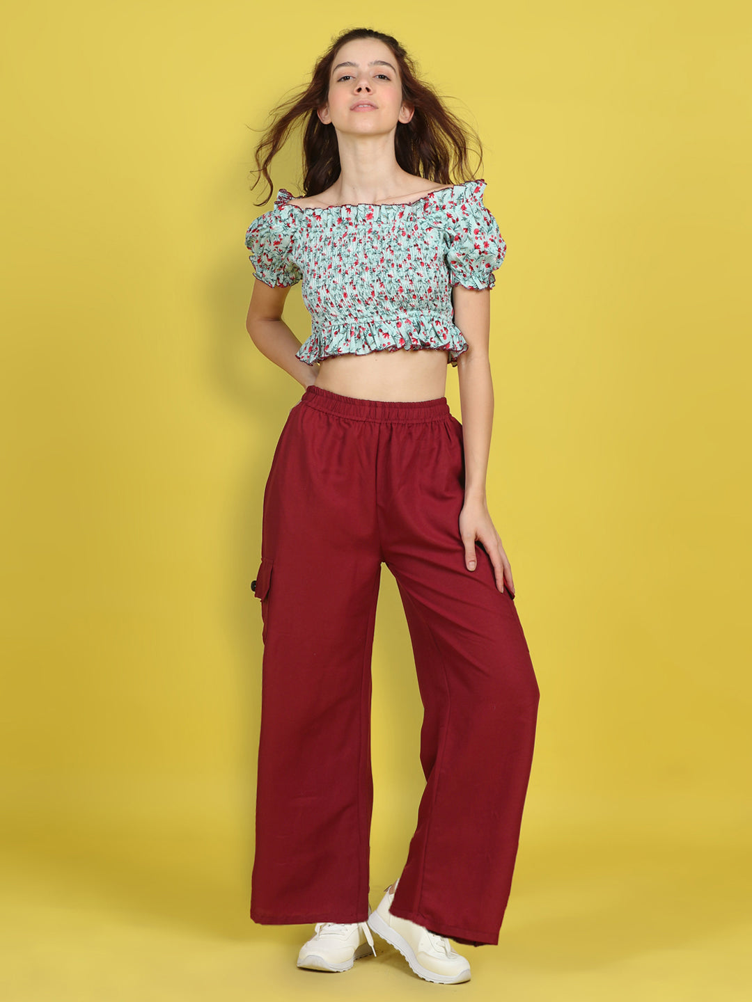 Cutiekins Girls Trendy Bold Look Crop Top With Solid Cargo -Sky Blue & Maroon