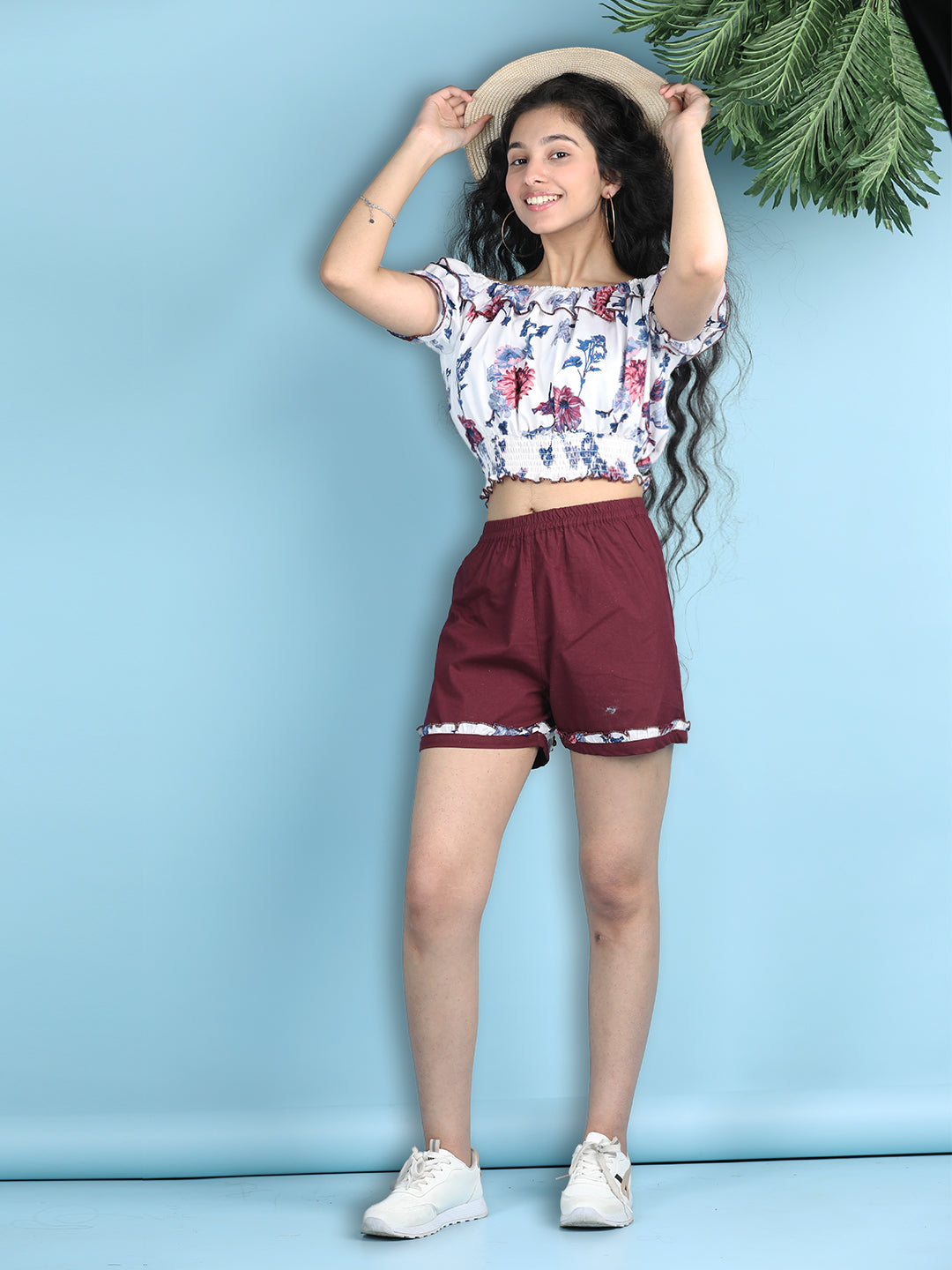 Cutiekins Girls Printed Embellished Top with Solid Shorts -White & Maroon