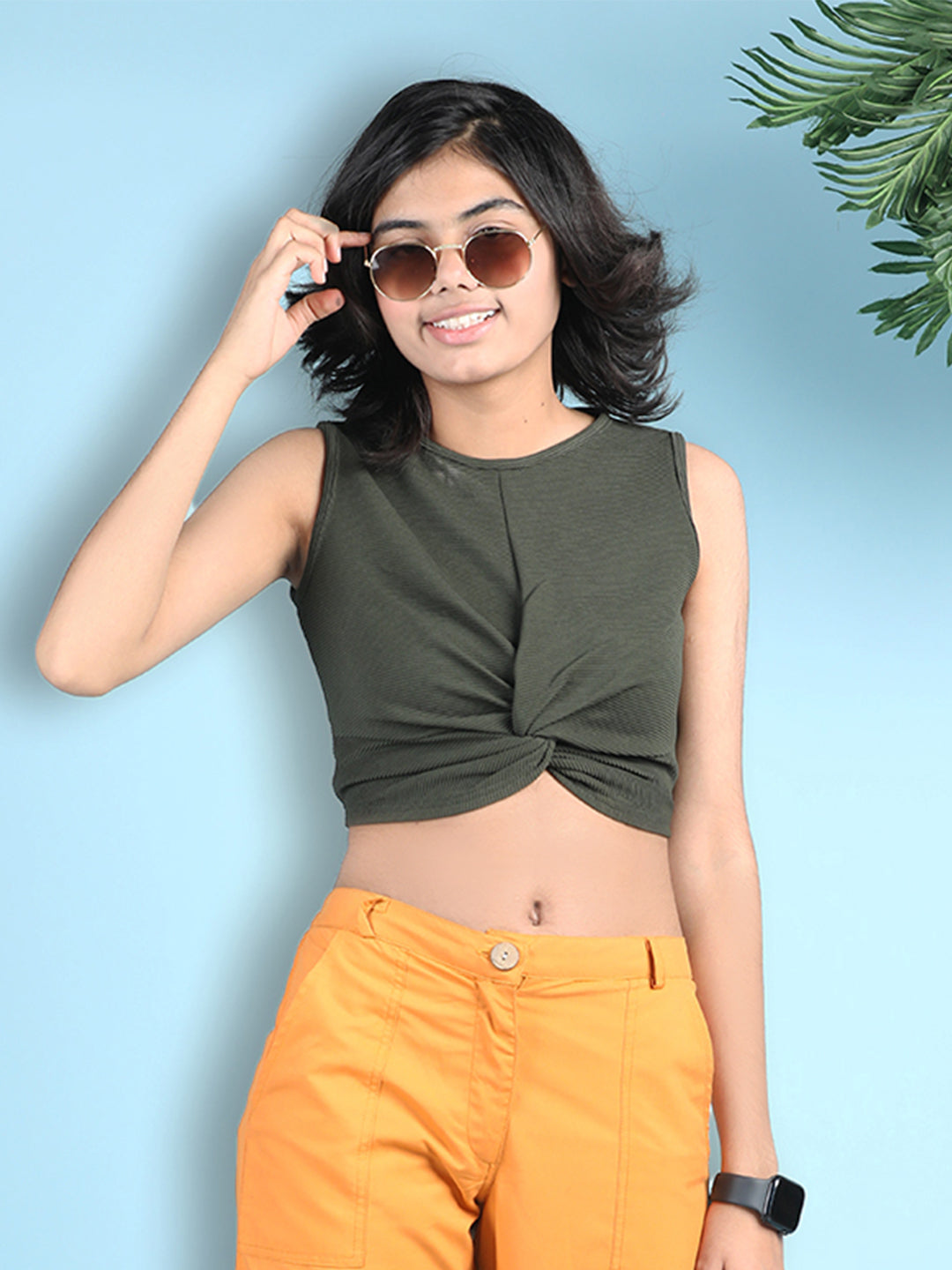 Cutiekins Girls Solid Embellished Gathered Style Crop Top -Olive Green