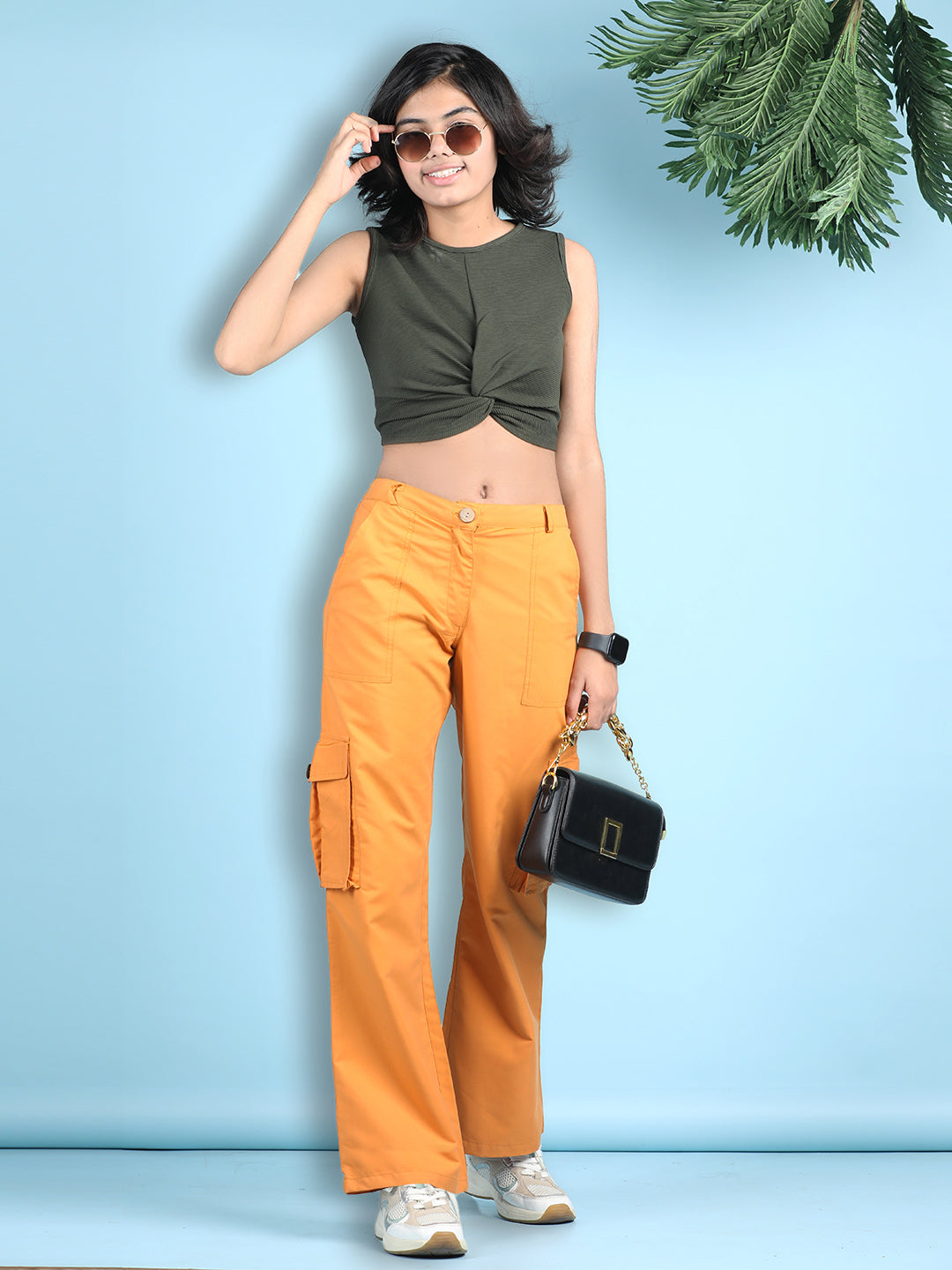 Cutiekins Girls Solid Embellished Top with Solid Cargo -Olive Green & Mustard