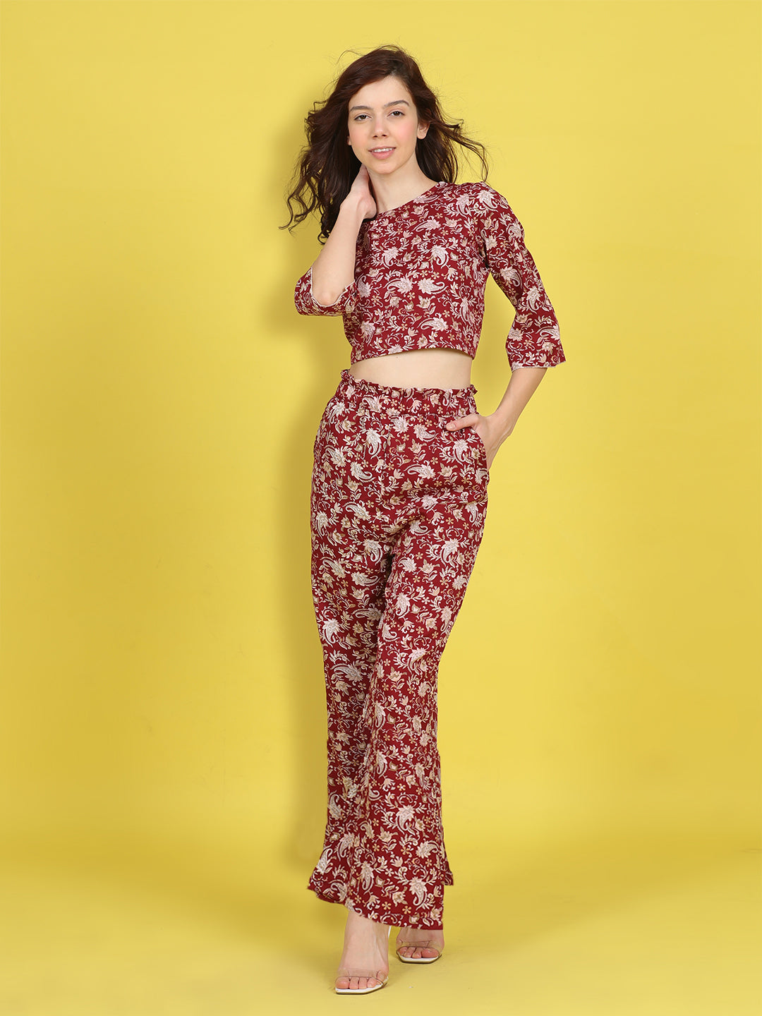 Cutiekins Girls Trendy Bold Style Printed Top & Palazzo Co-ord Set -Maroon & Off White