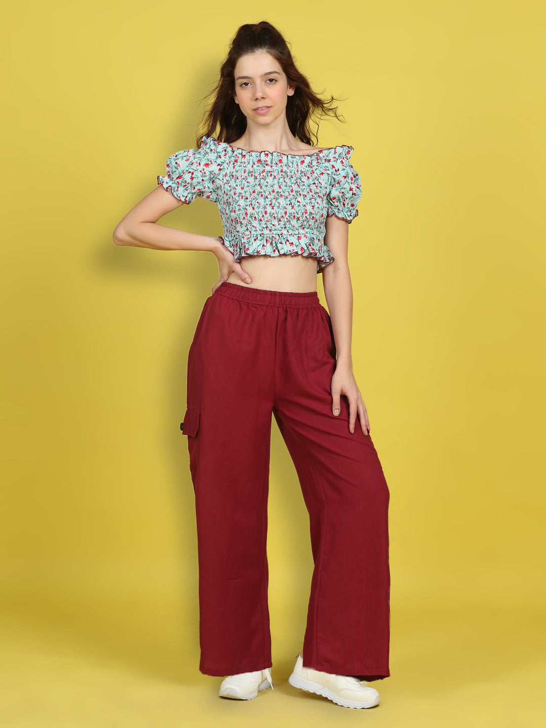 Cutiekins Girls Trendy Bold Look Crop Top With Solid Cargo -Sky Blue & Maroon