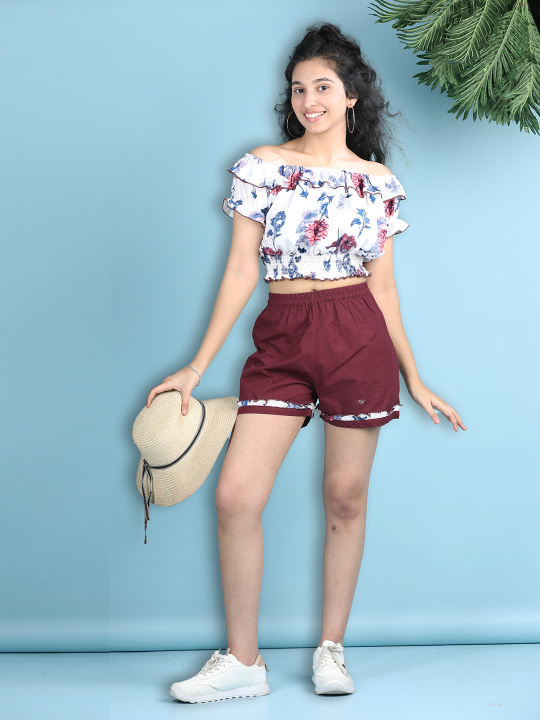 Cutiekins Girls Printed Embellished Top with Solid Shorts -White & Maroon