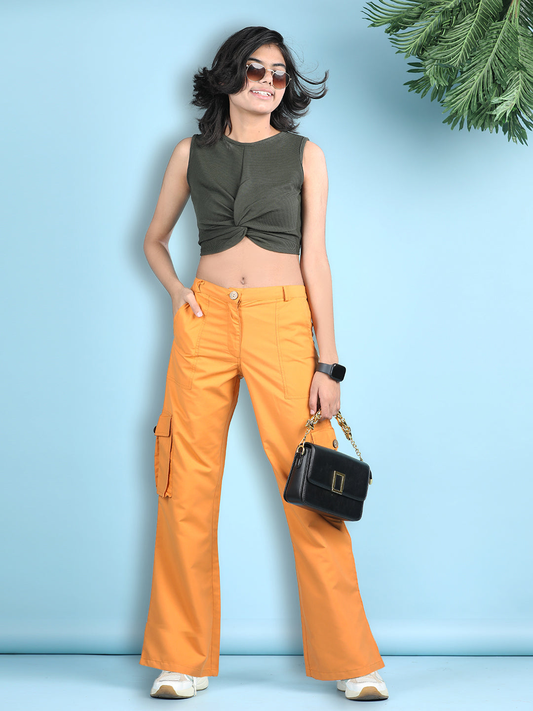 Cutiekins Girls Solid Embellished Top with Solid Cargo -Olive Green & Mustard