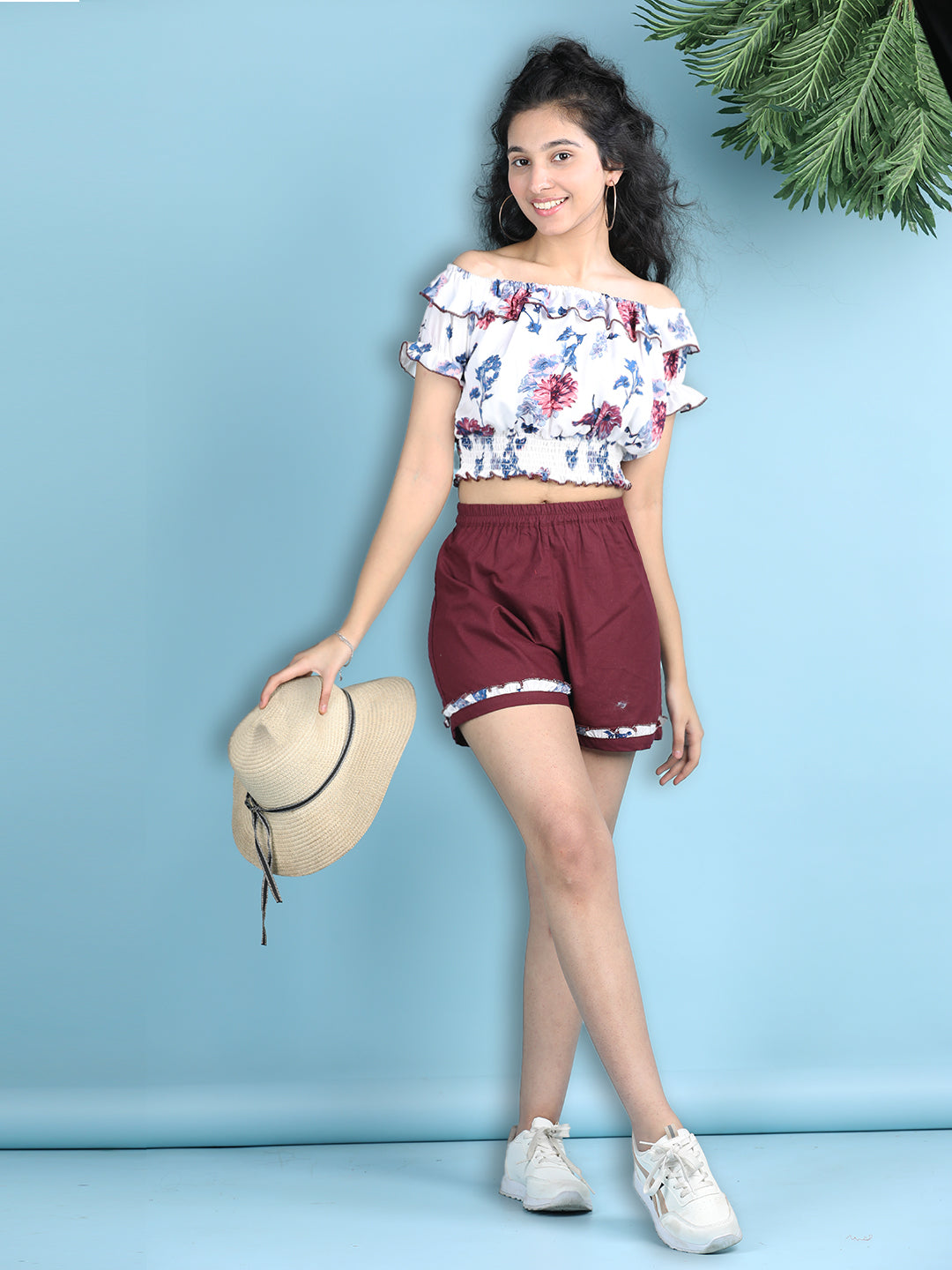 Cutiekins Girls Printed Embellished Top with Solid Shorts -White & Maroon