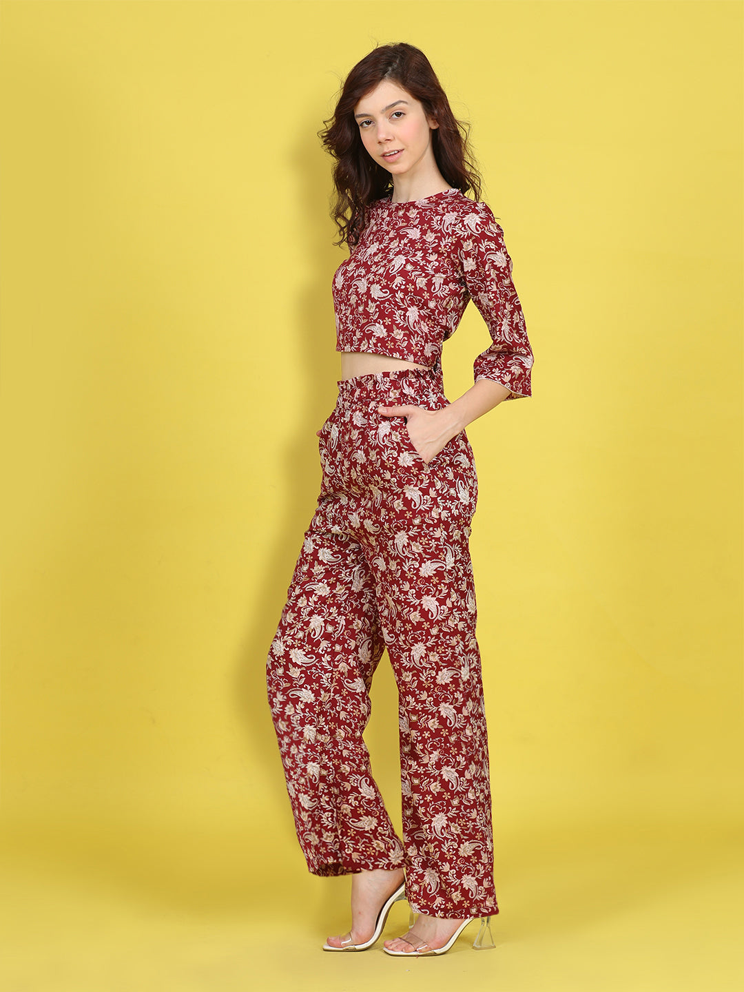 Cutiekins Girls Trendy Bold Style Printed Top & Palazzo Co-ord Set -Maroon & Off White