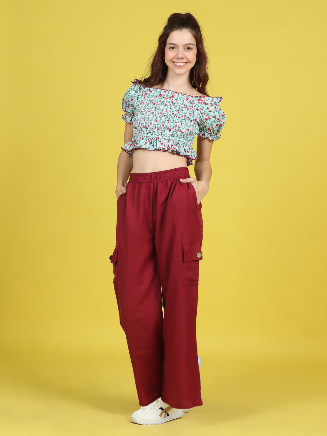 Cutiekins Girls Trendy Bold Look Crop Top With Solid Cargo -Sky Blue & Maroon