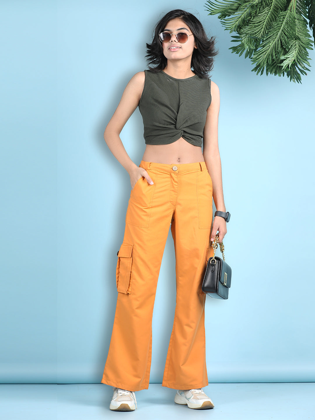 Cutiekins Girls Solid Embellished Top with Solid Cargo -Olive Green & Mustard