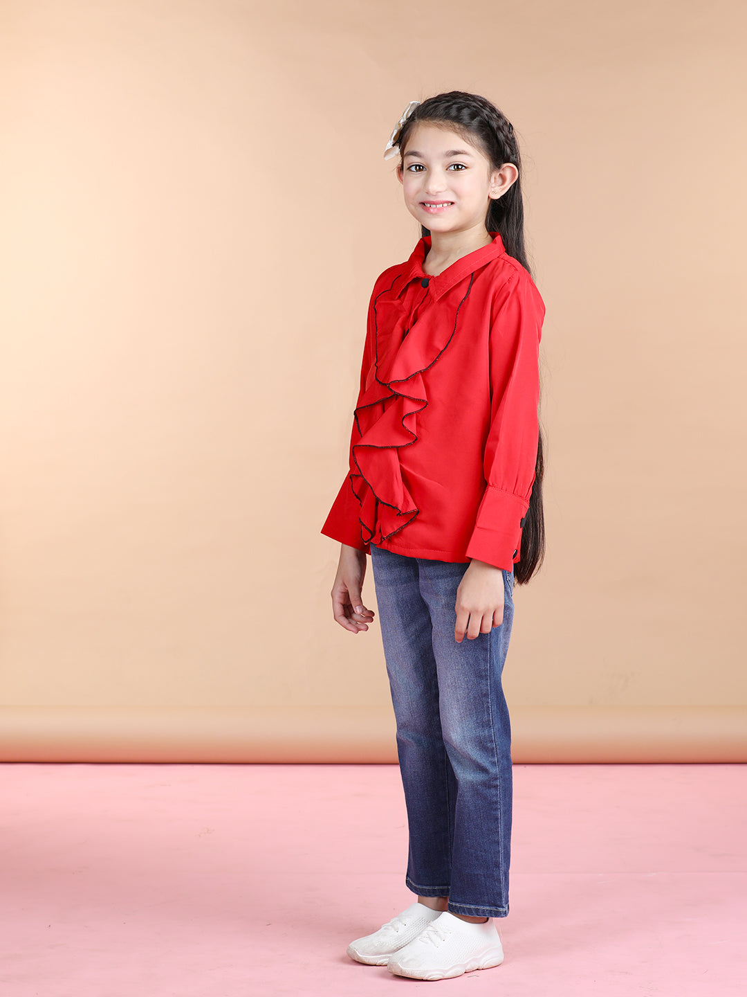 Cutiekins Polyester Front Frill Full Sleeves Top -Red & Black