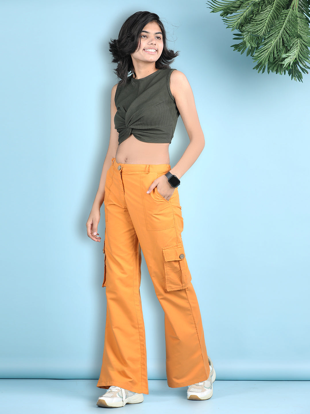 Cutiekins Girls Solid Embellished Top with Solid Cargo -Olive Green & Mustard