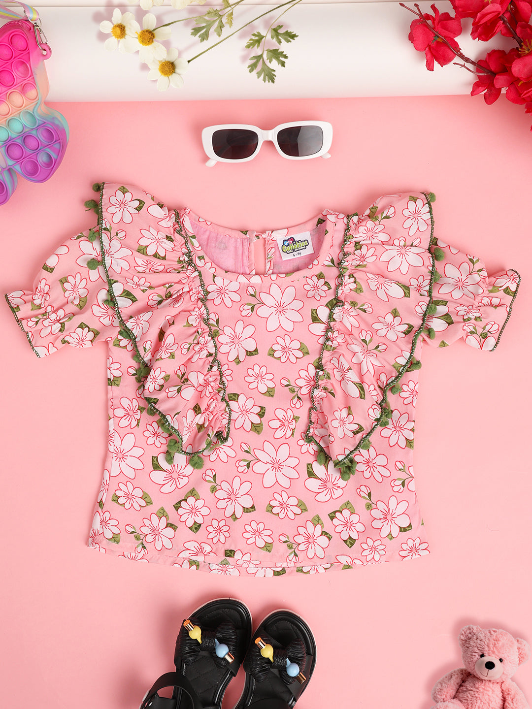 Cutiekins Girls Floral Print Embellished Puff Sleeve Ruffles Top -Pink & Green