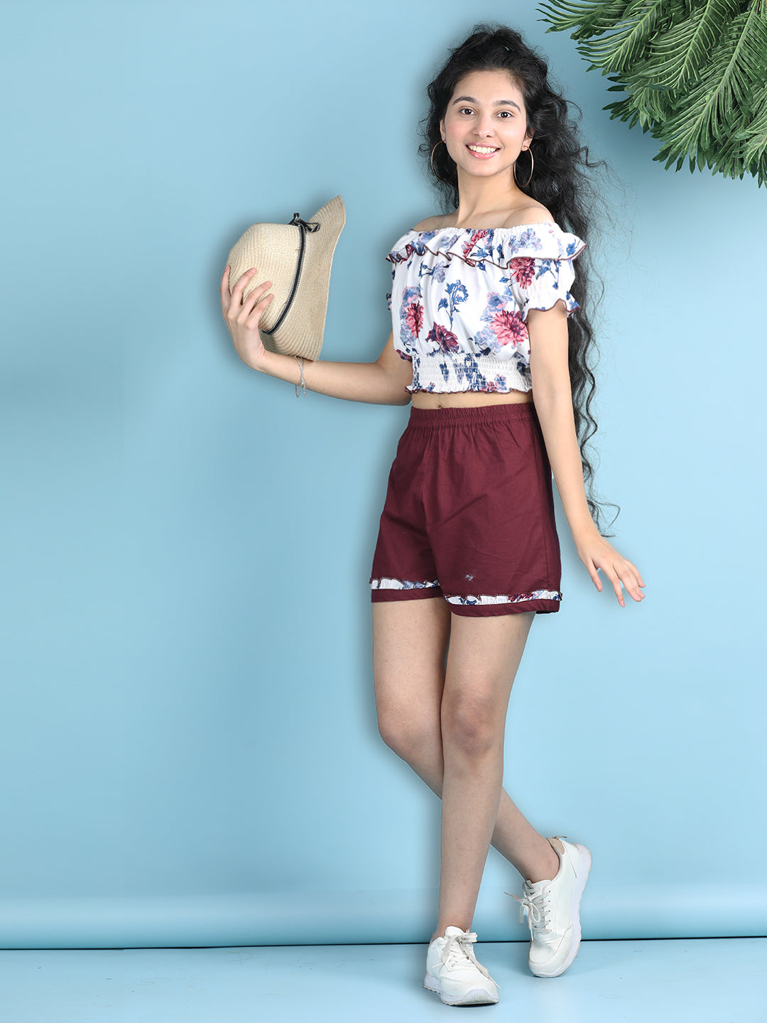 Cutiekins Girls Printed Embellished Top with Solid Shorts -White & Maroon