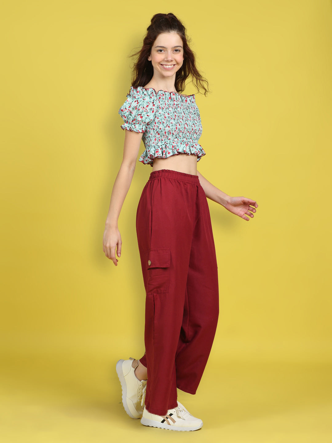 Cutiekins Girls Trendy Bold Look Crop Top With Solid Cargo -Sky Blue & Maroon