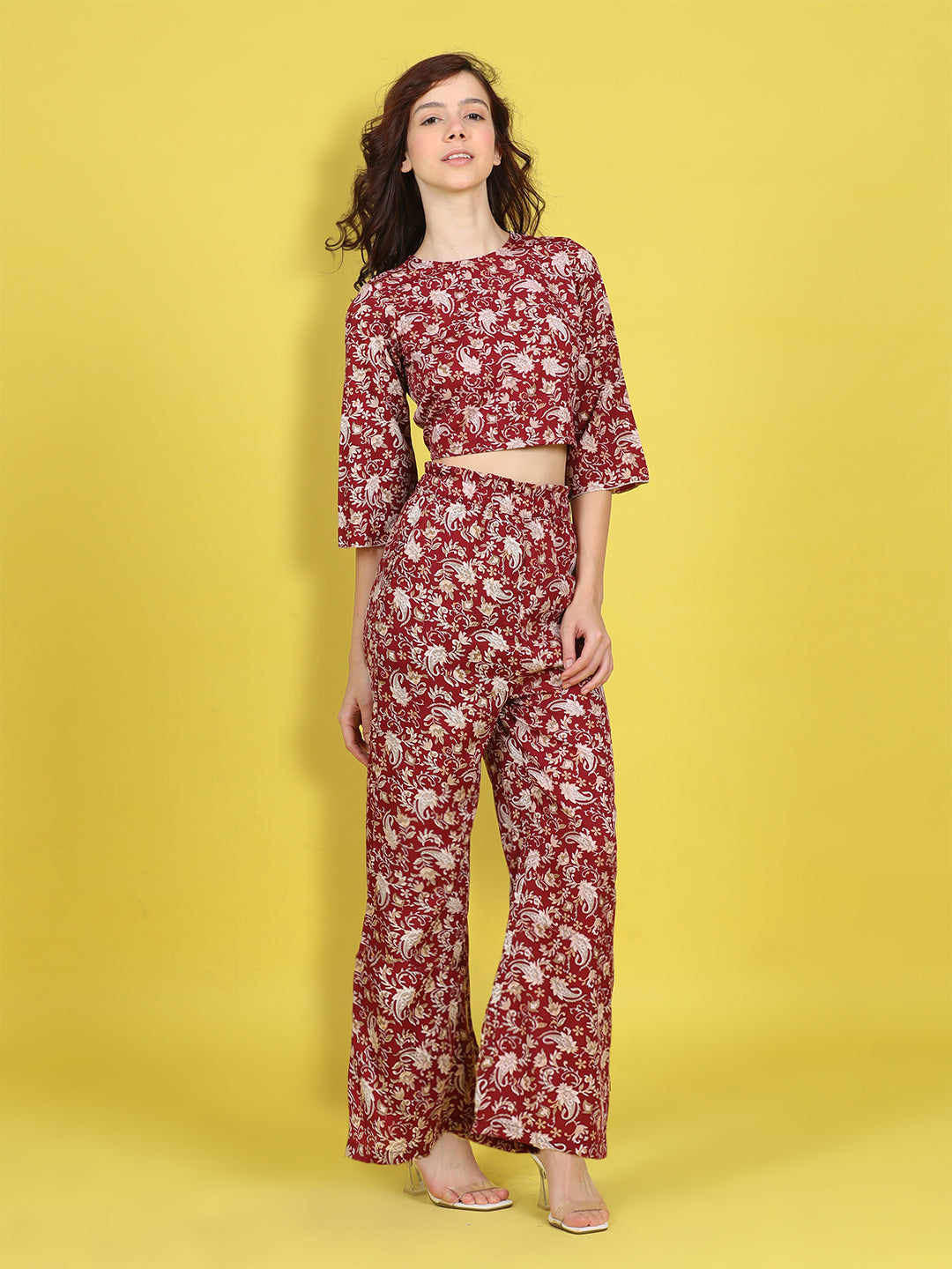 Cutiekins Girls Trendy Bold Style Printed Top & Palazzo Co-ord Set -Maroon & Off White