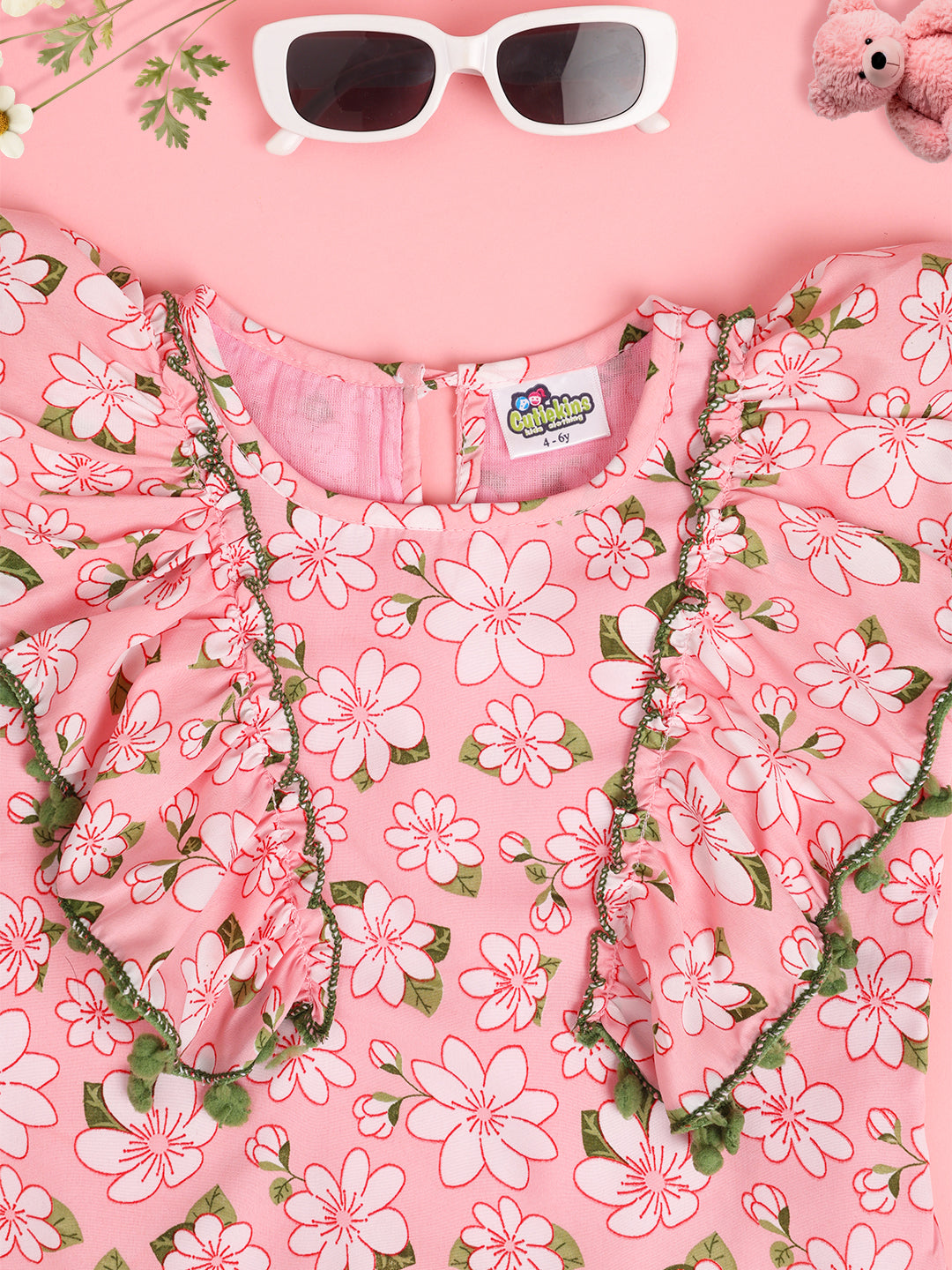 Cutiekins Girls Floral Print Embellished Puff Sleeve Ruffles Top -Pink & Green