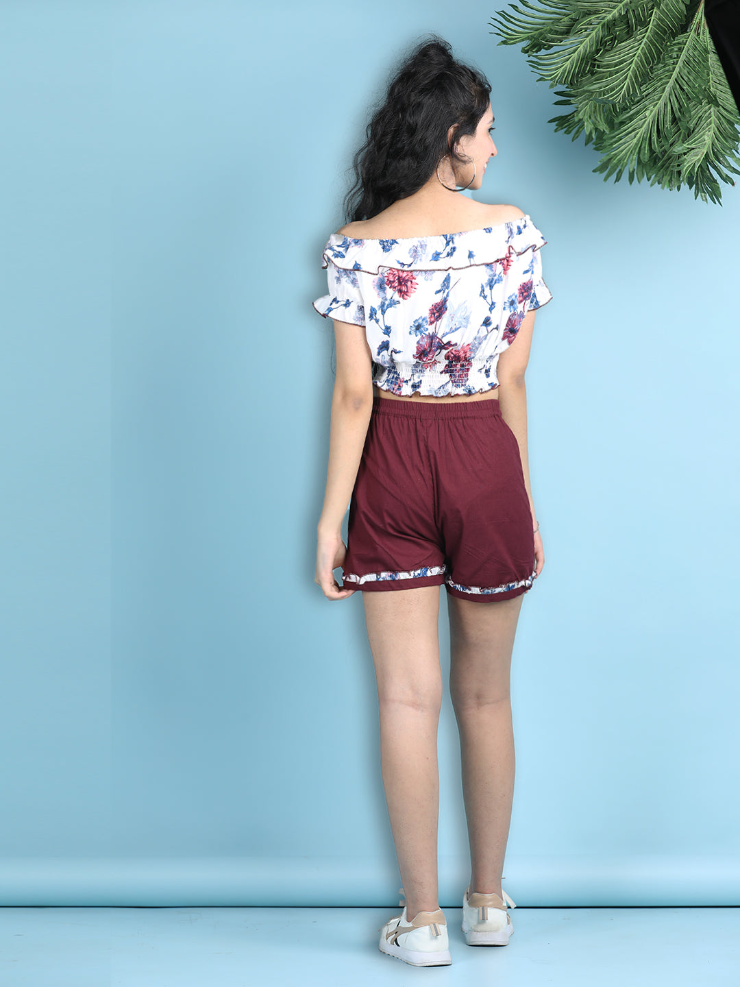 Cutiekins Girls Printed Embellished Top with Solid Shorts -White & Maroon