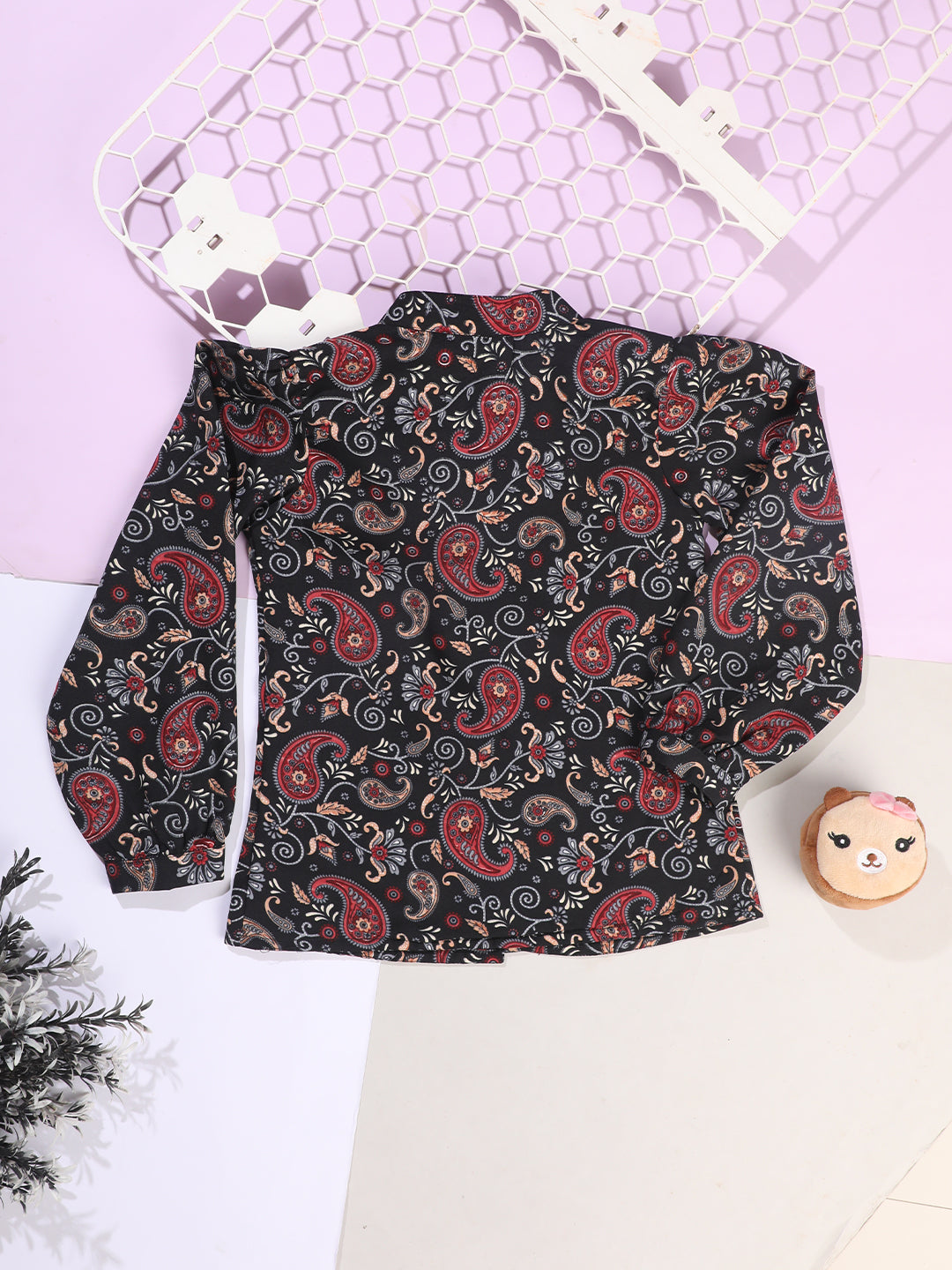 Cutiekins Girls Shirt Style Paisley Printed Top -Black & Maroon