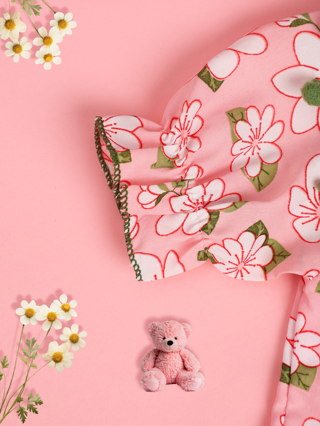 Cutiekins Girls Floral Print Embellished Puff Sleeve Ruffles Top -Pink & Green