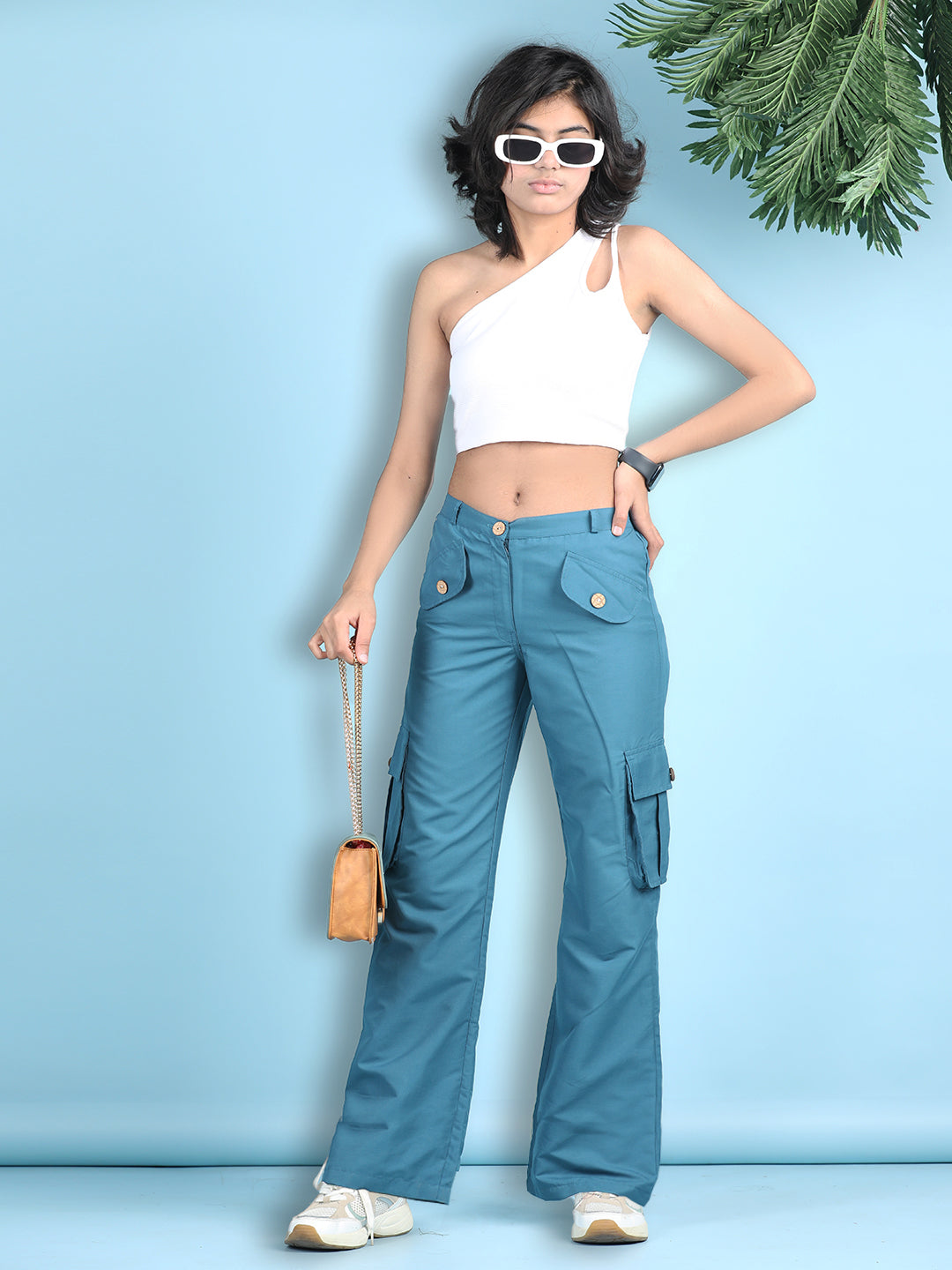 Cutiekins Girls Solid Embellished Top with Solid Cargo -White & Blue