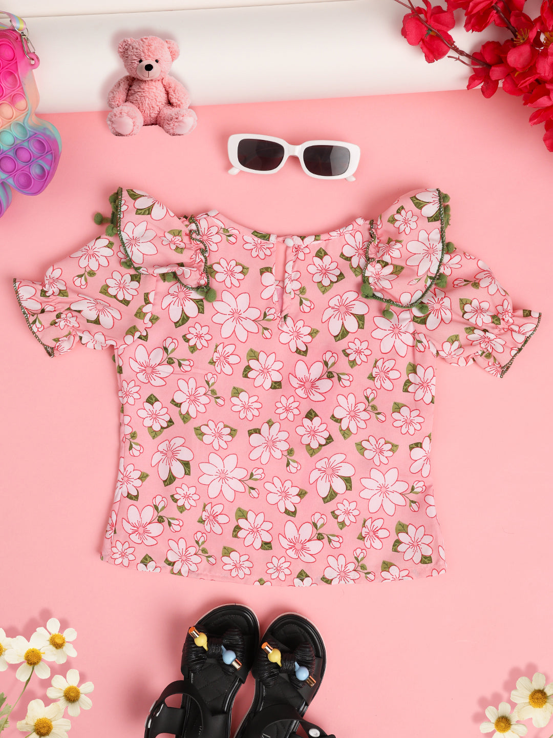 Cutiekins Girls Floral Print Embellished Puff Sleeve Ruffles Top -Pink & Green