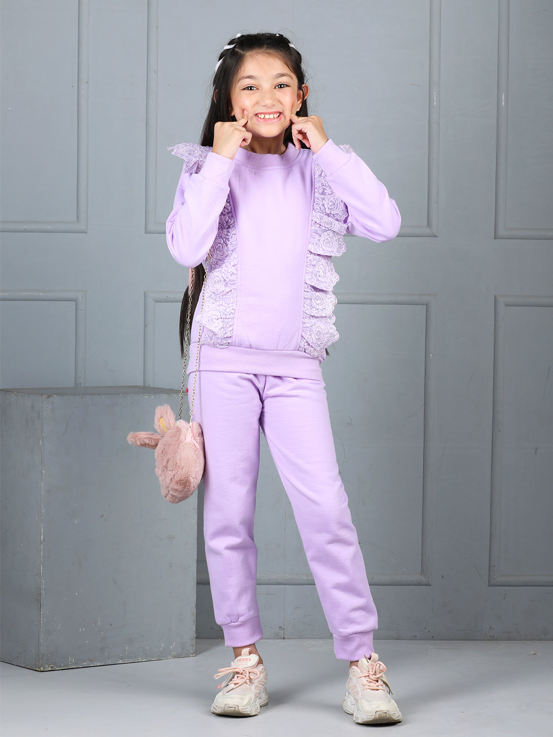 Cutiekins Girls Solid Embellished Cozy Tracksuit -Lavender