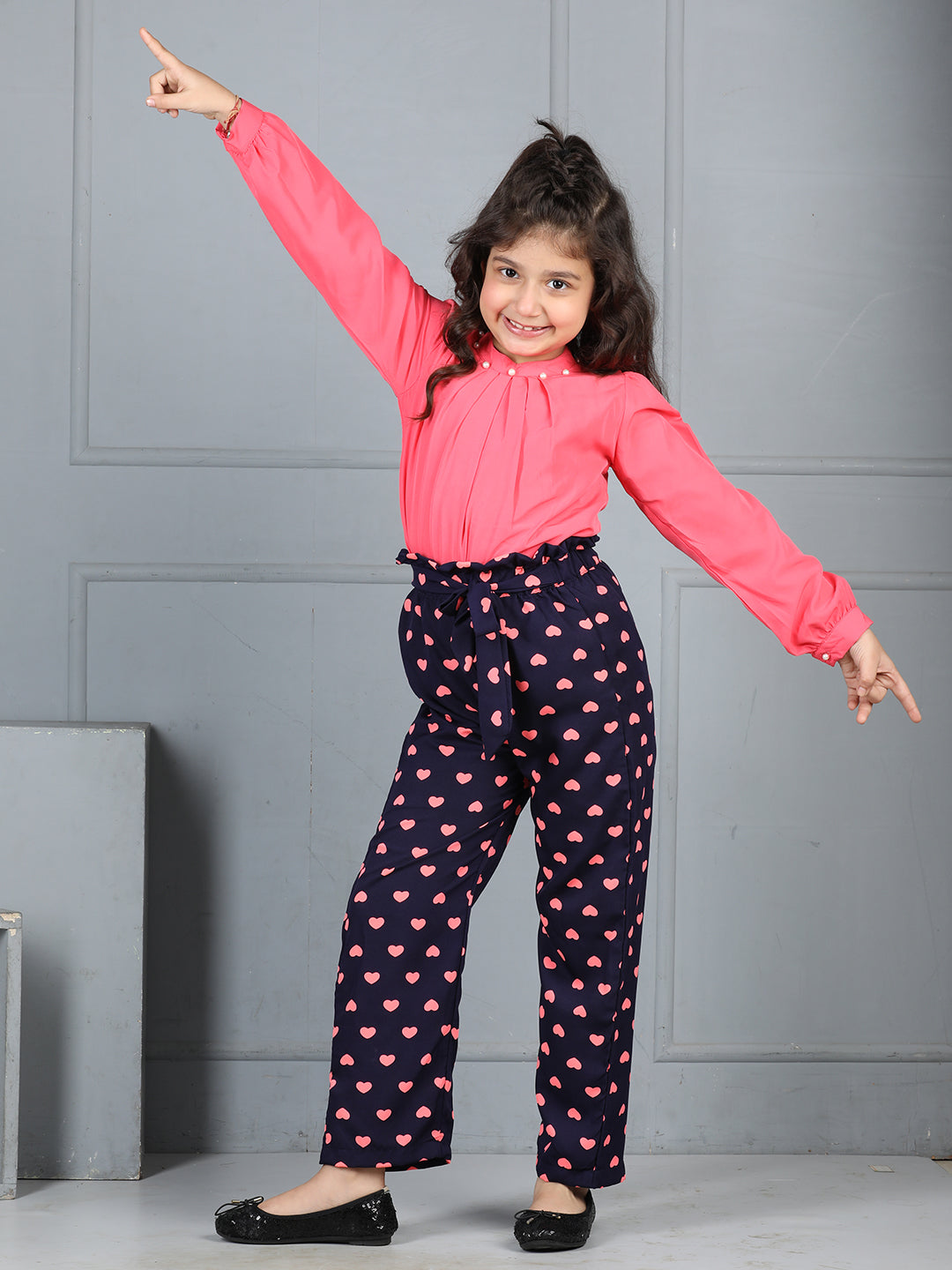 Cutiekins Girls Solid Embellished Top With Printed Trouser -Coral & Dark blue