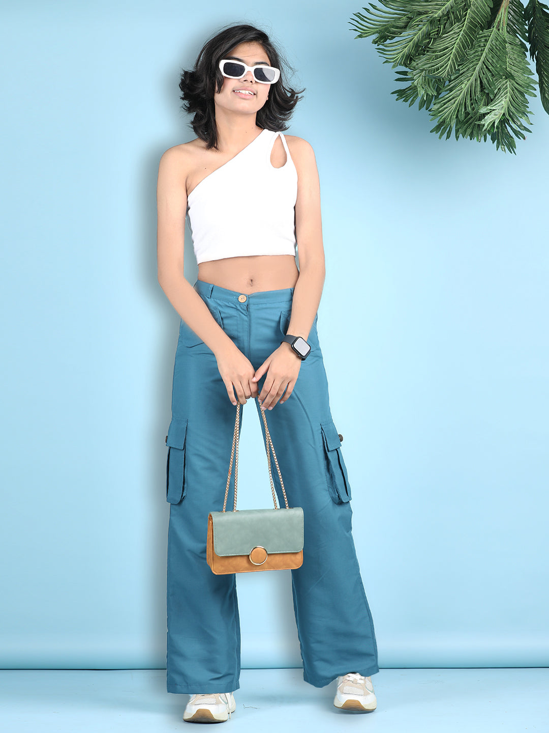 Cutiekins Girls Solid Embellished Top with Solid Cargo -White & Blue