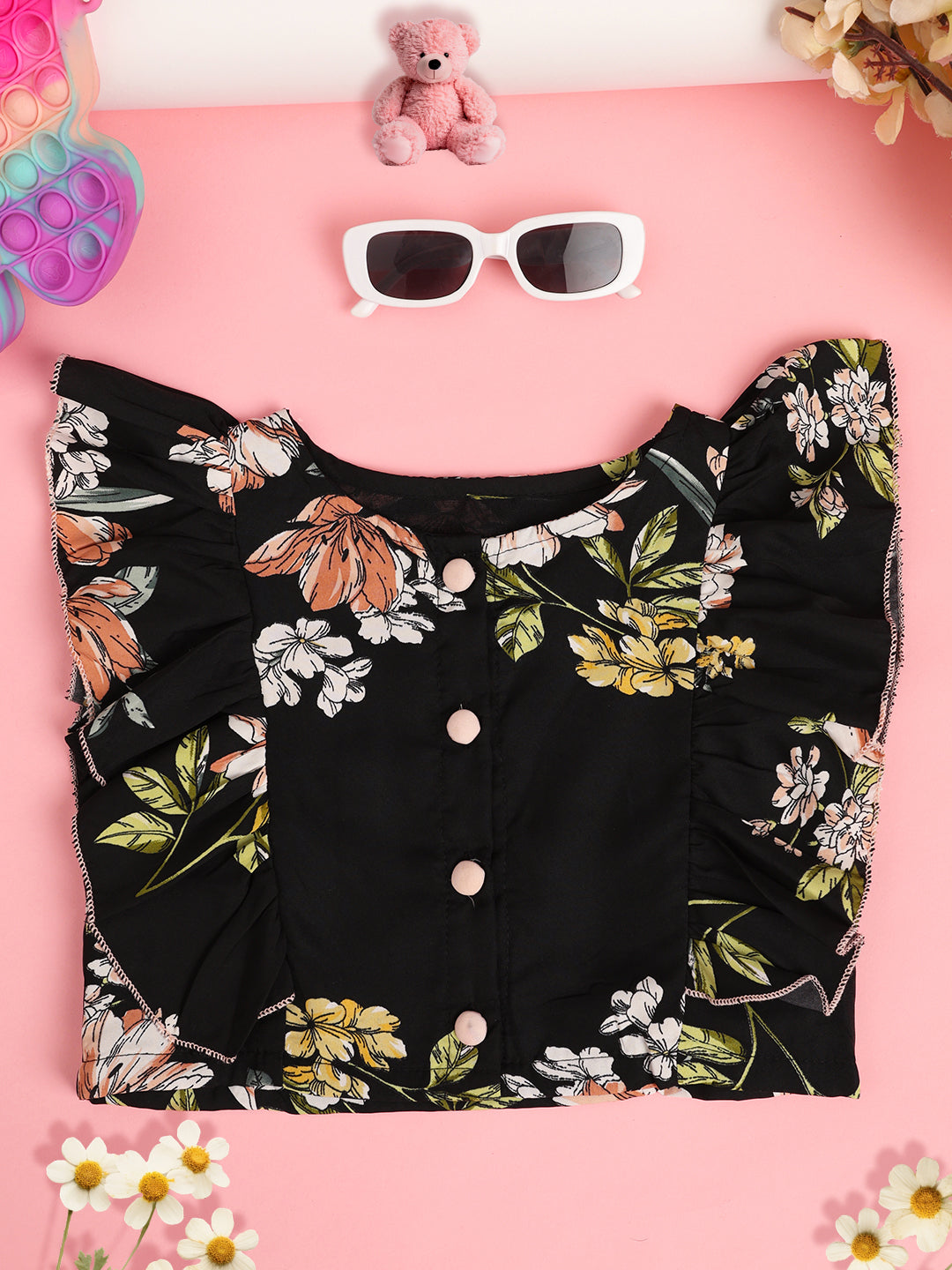 Cutiekins Girl Floral Print Ruffles Shirt Style Top -Black & Multi