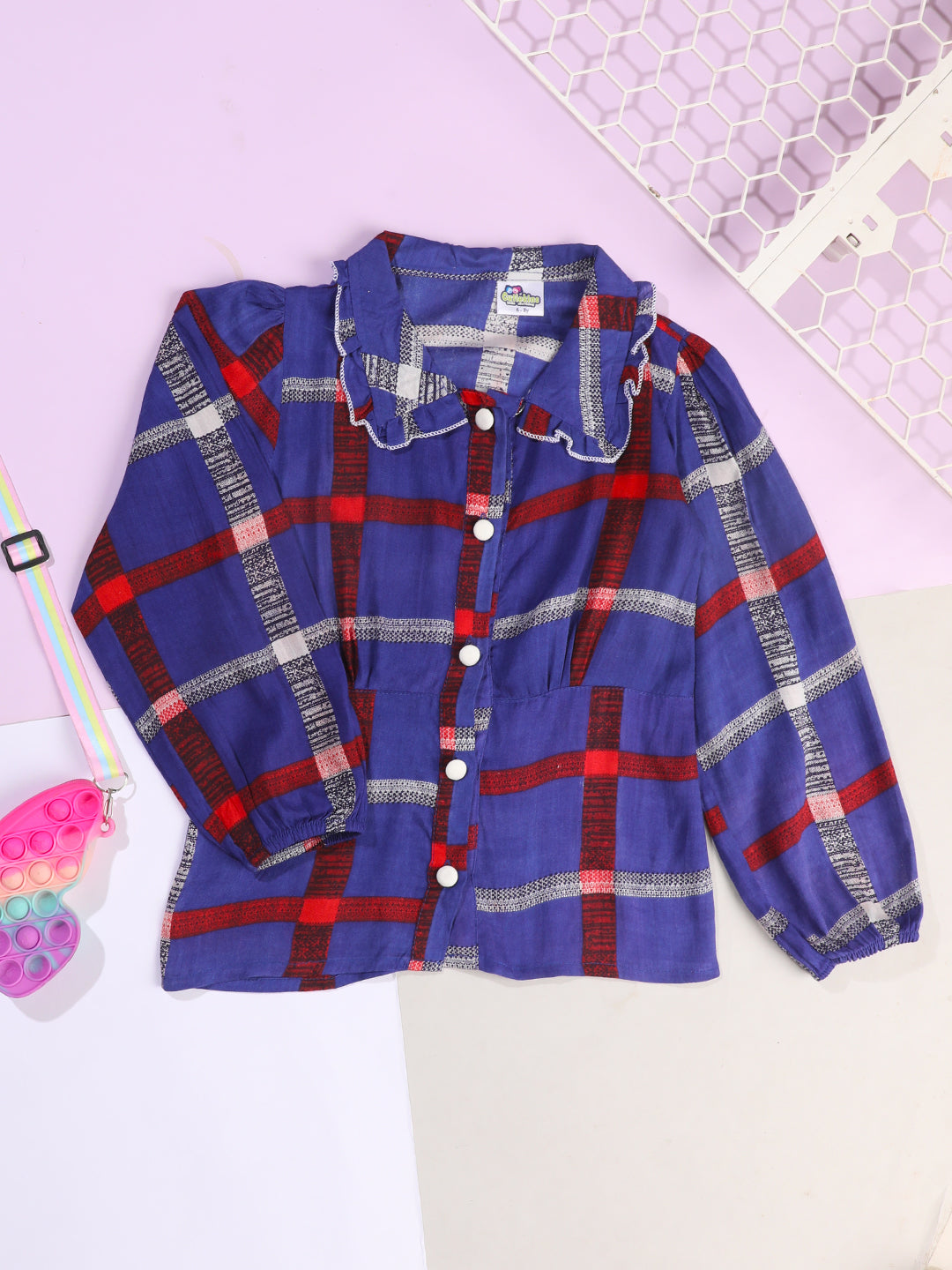 Cutiekins Girls Checked Print Shirt Style Top -Dark Blue & Red
