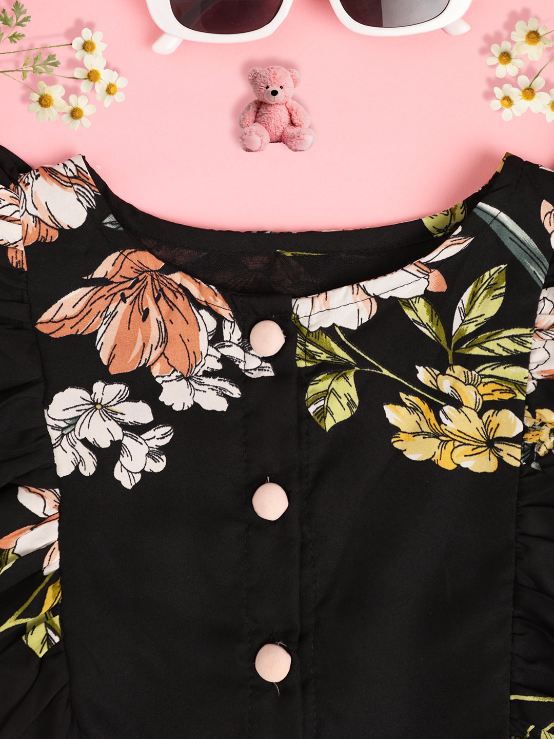 Cutiekins Girl Floral Print Ruffles Shirt Style Top -Black & Multi
