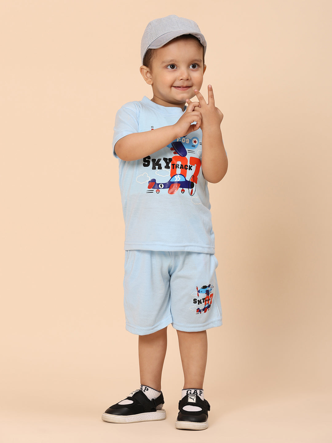 Cutiekins Boys Graphic Print T-shirt with Shorts -Sky Blue & Rust