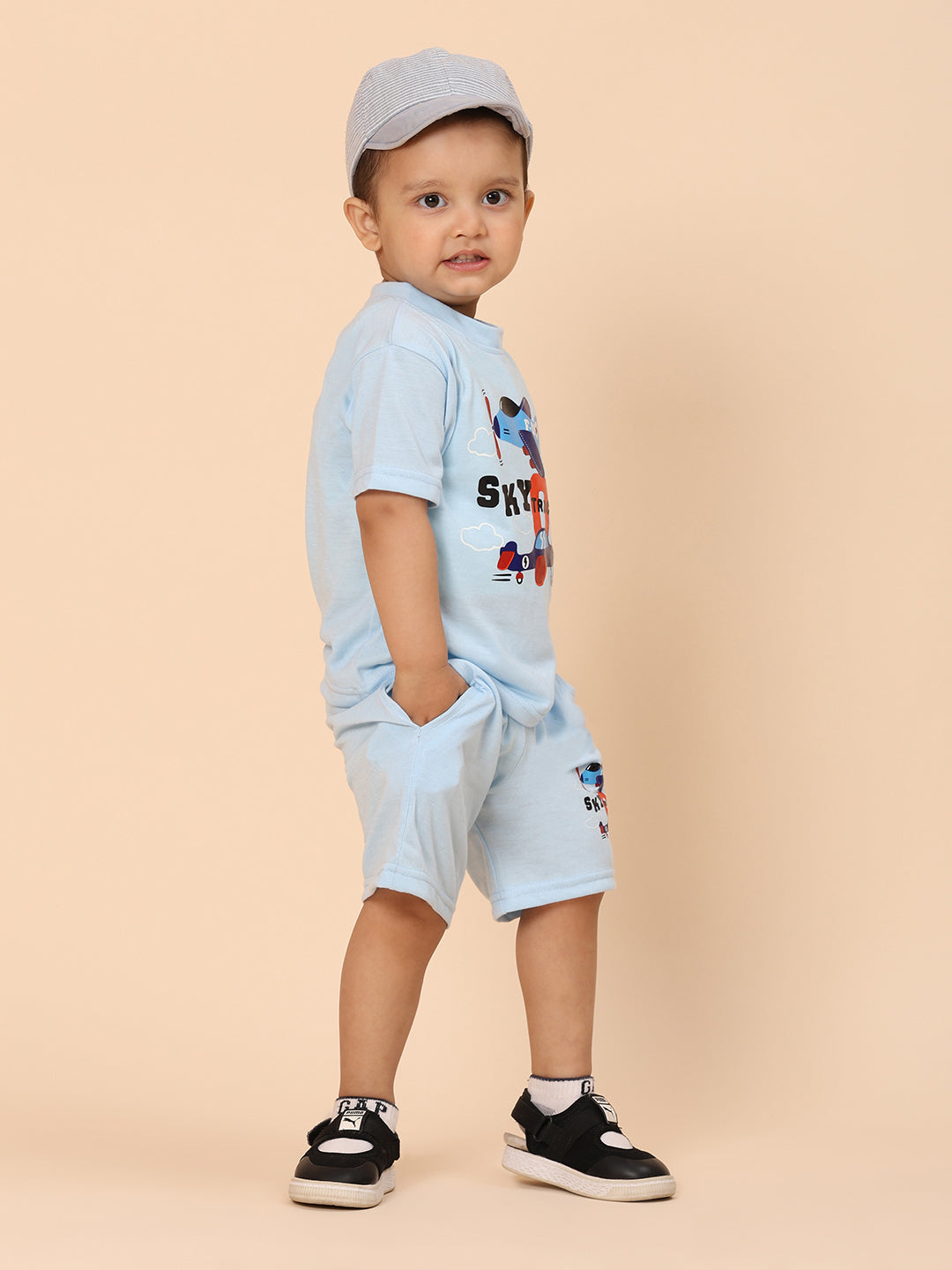 Cutiekins Boys Graphic Print T-shirt with Shorts -Sky Blue & Rust