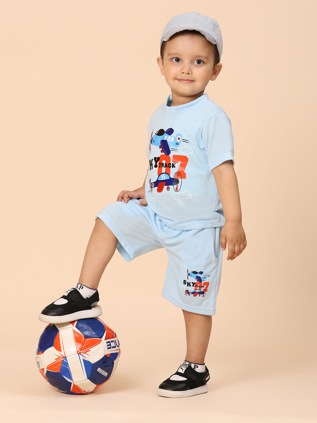 Cutiekins Boys Graphic Print T-shirt with Shorts -Sky Blue & Rust