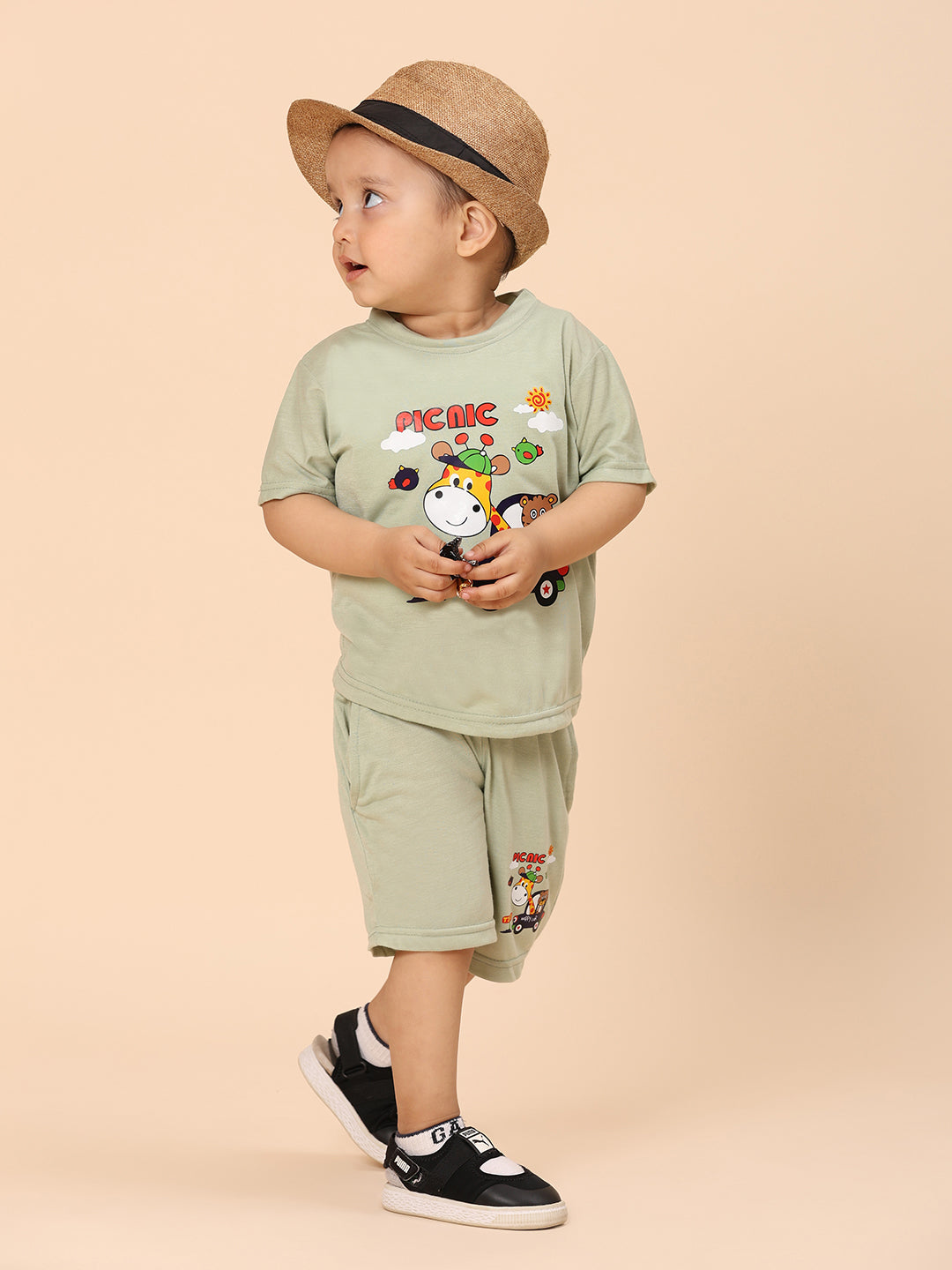 Cutiekins Boys Graphic Print T-shirt with Shorts -Pista Green & Mustard