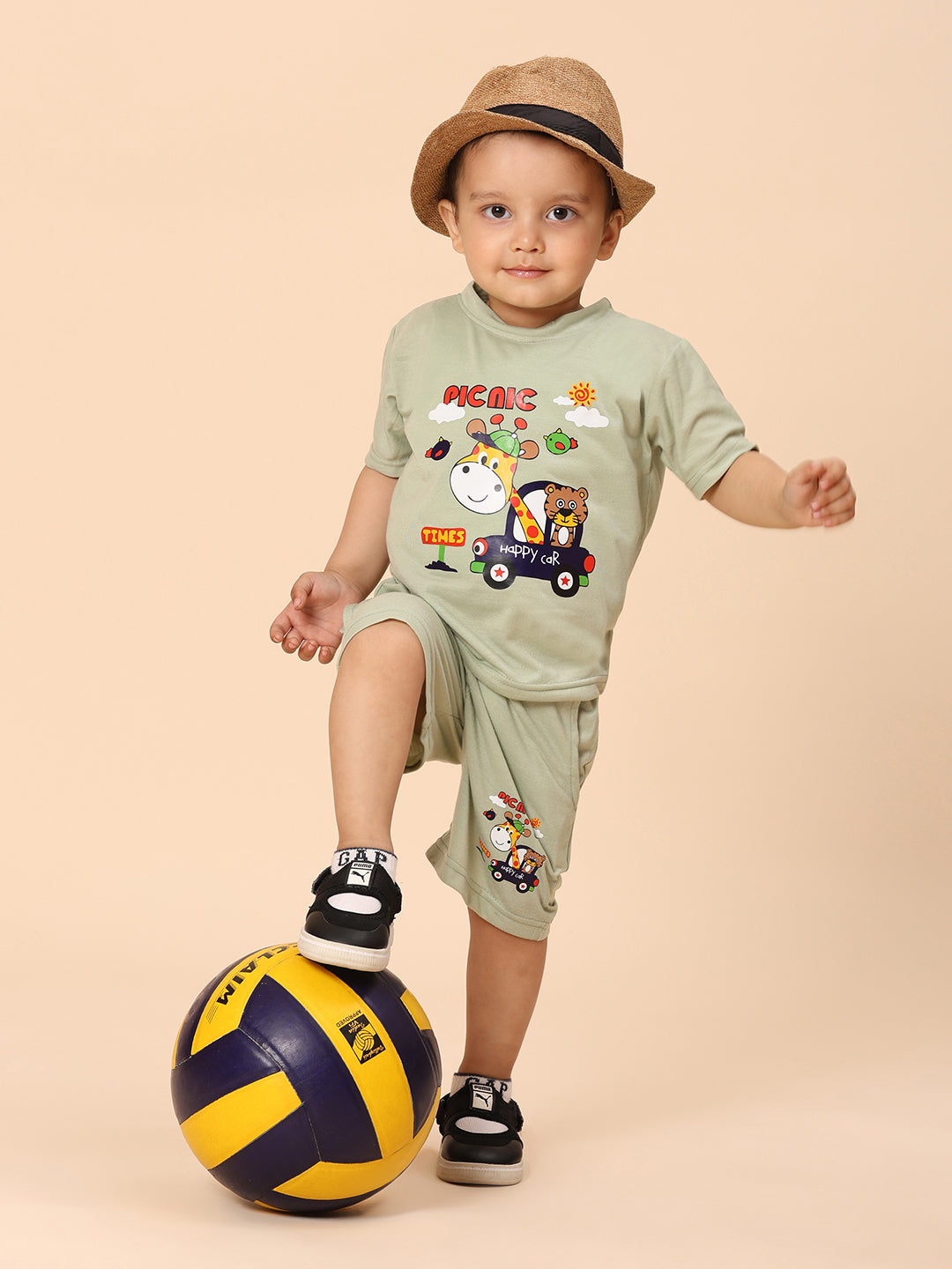 Cutiekins Boys Graphic Print T-shirt with Shorts -Pista Green & Mustard
