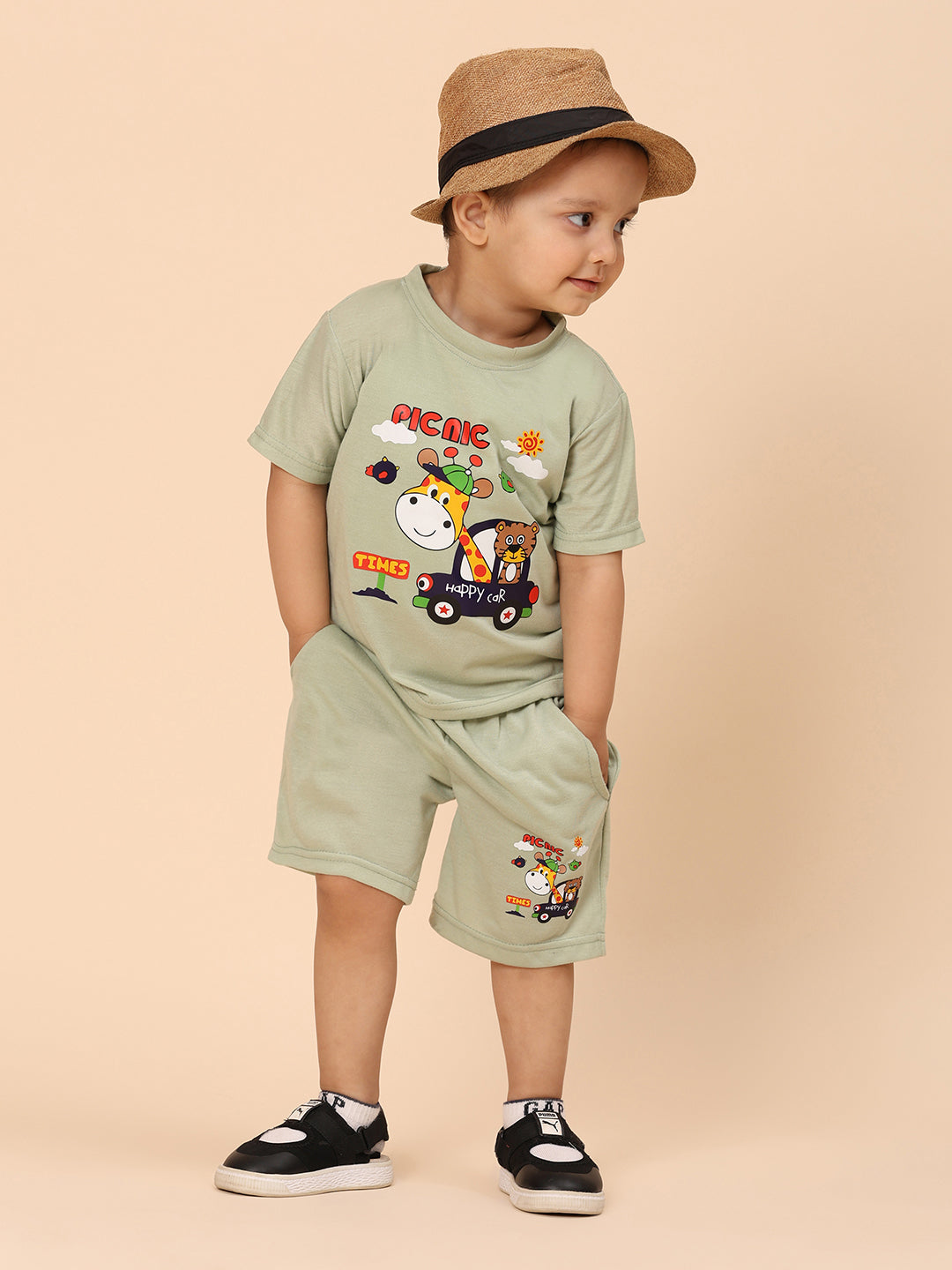 Cutiekins Boys Graphic Print T-shirt with Shorts -Pista Green & Mustard