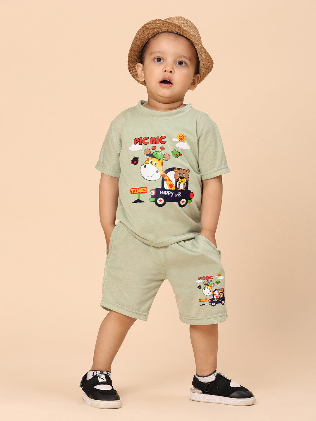 Cutiekins Boys Graphic Print T-shirt with Shorts -Pista Green & Mustard