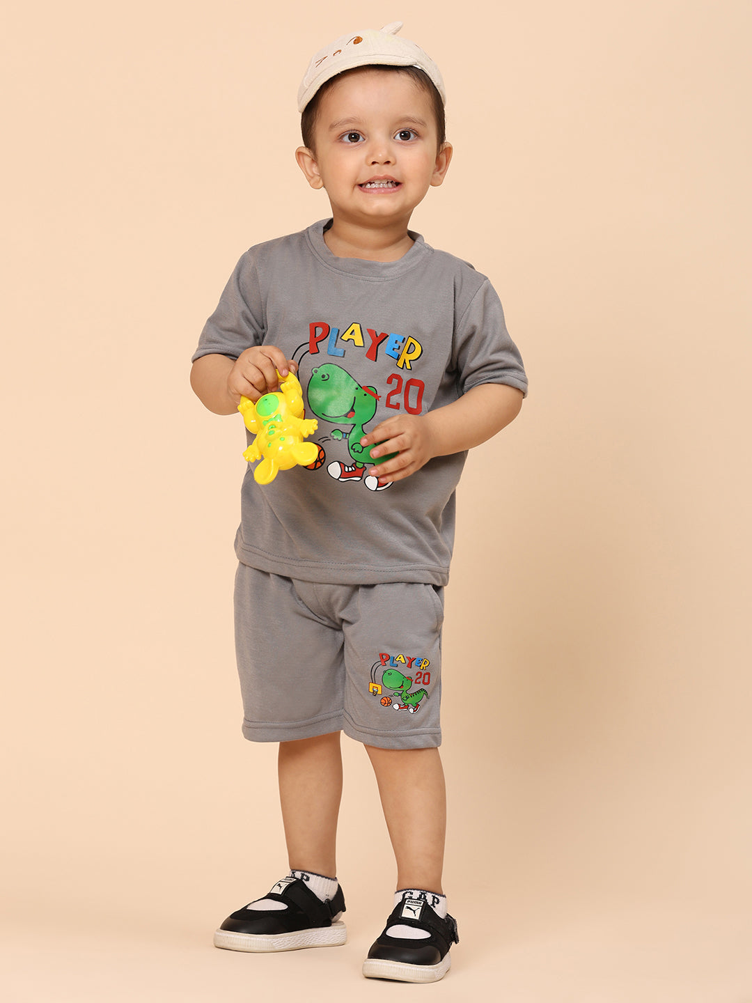 Cutiekins Boys Dino Graphic Print T-shirt with Shorts -Grey & Green