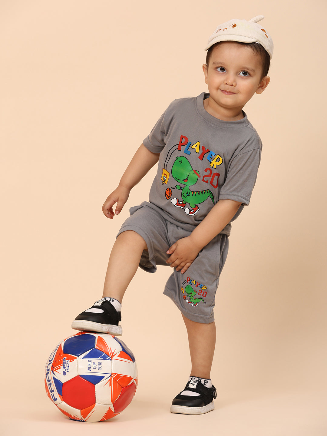 Cutiekins Boys Dino Graphic Print T-shirt with Shorts -Grey & Green