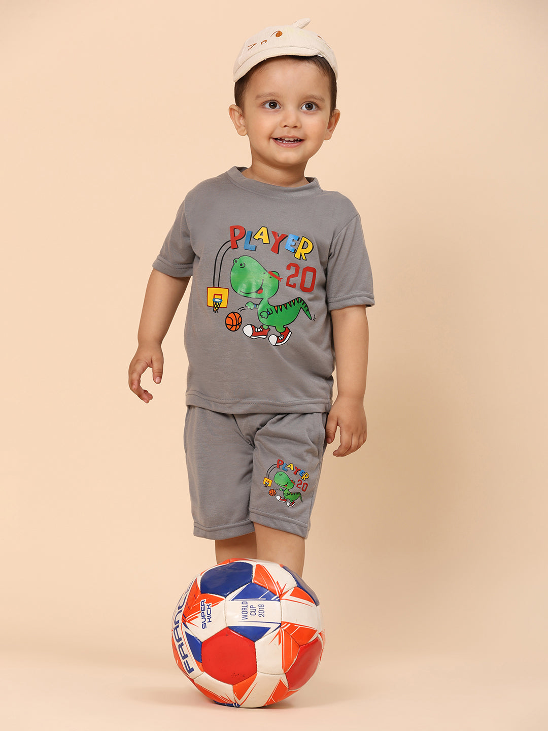 Cutiekins Boys Dino Graphic Print T-shirt with Shorts -Grey & Green