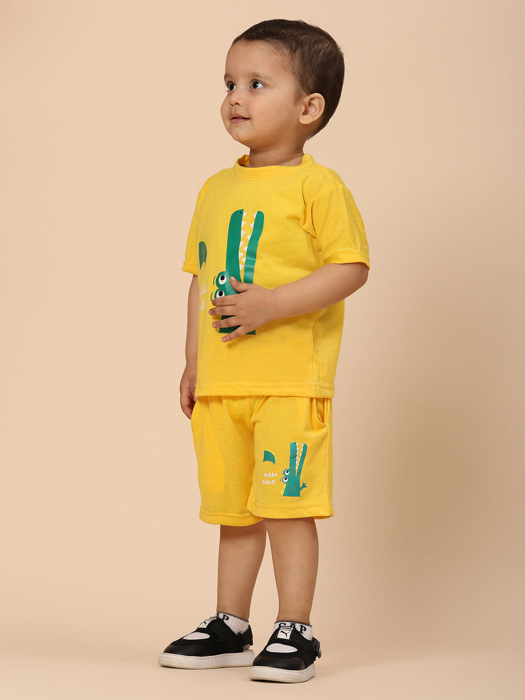 Cutiekins Boys Crorcodile Graphic Print T-shirt with Shorts -Yellow & Green