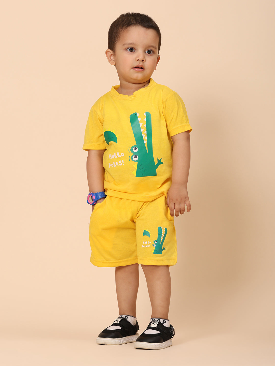 Cutiekins Boys Crorcodile Graphic Print T-shirt with Shorts -Yellow & Green