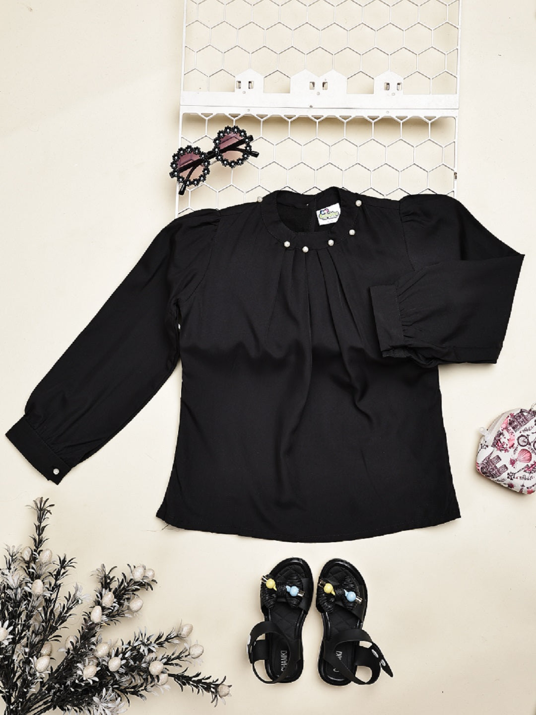 Cutiekins Girls Solid Embellished Casual Top -Black