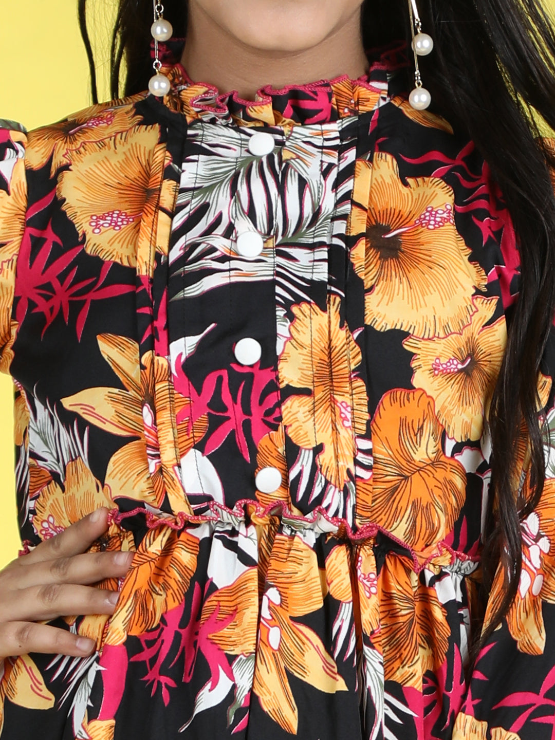 Cutiekins Mandarin Collar Printed Flared Dress-Mustard & Black