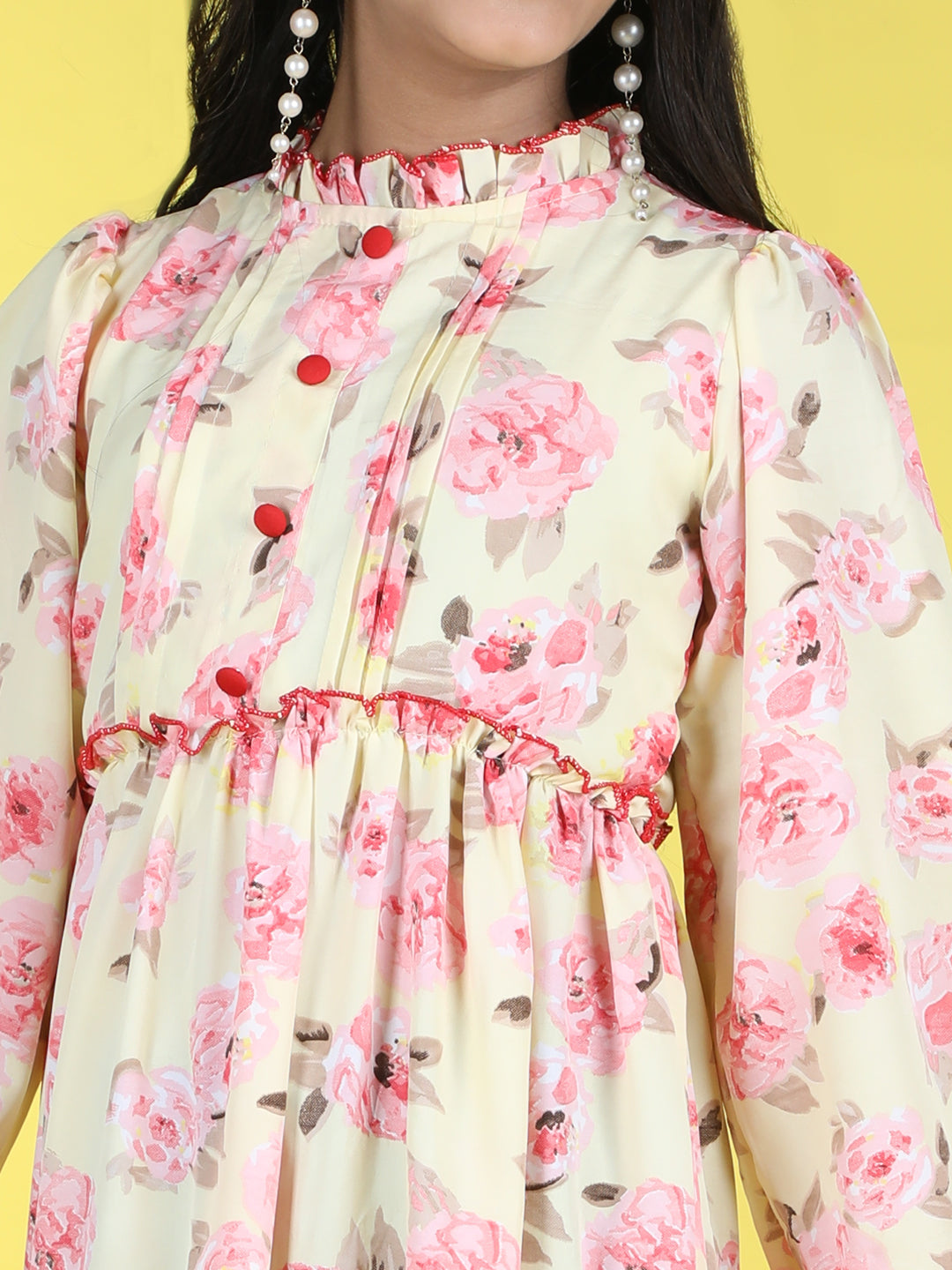 Cutiekins Mandarin Collar Printed Flared Dress-Yellow & Pink