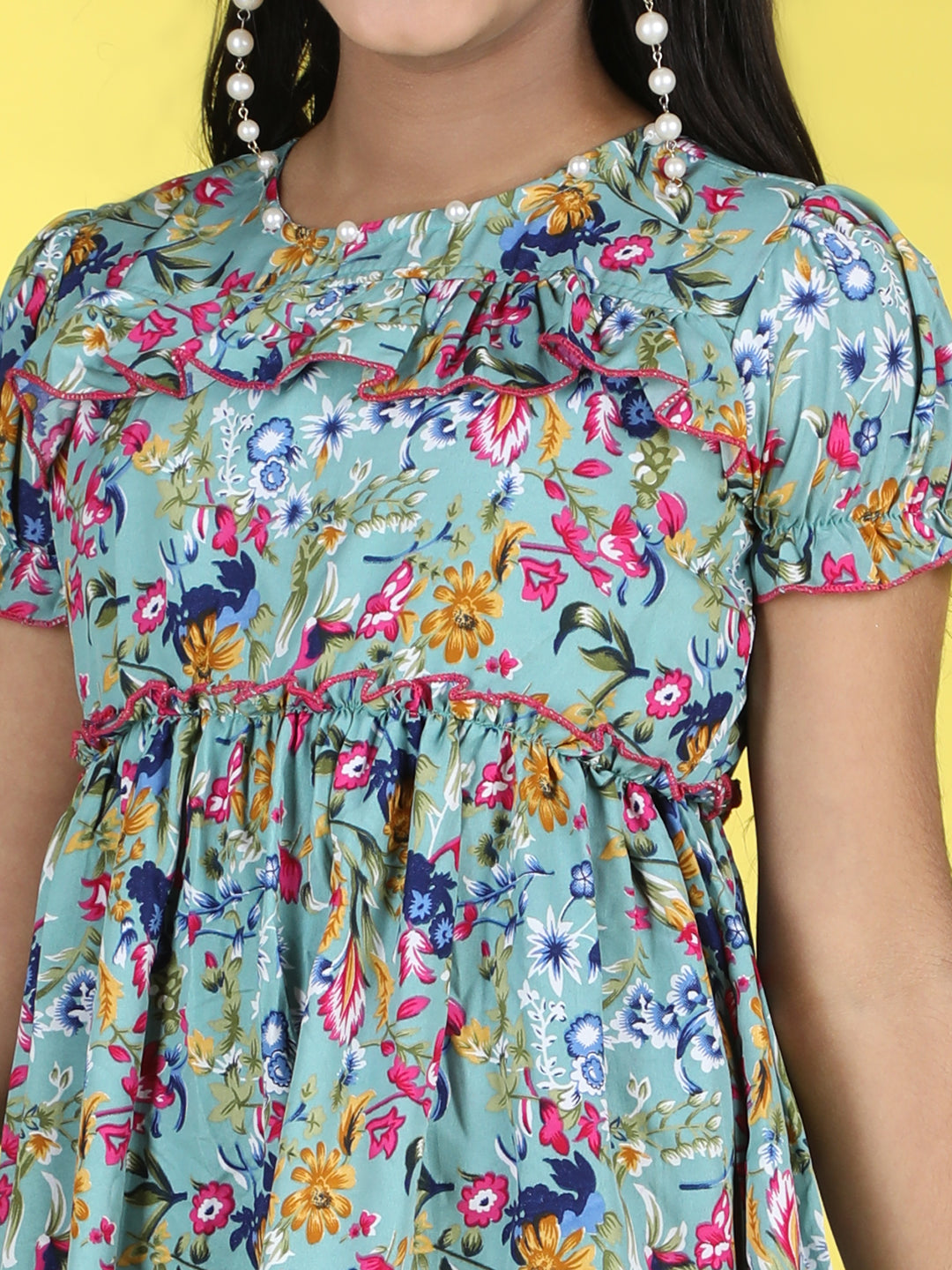 Cutiekins Round Neck Printed Flared Dress-Sea Green & Pink