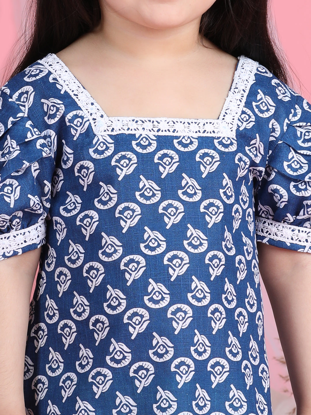 Cutiekins Square Neck Printed Flared Dress-Navy Blue & White